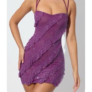 Embellished Oh Polly mini dress in purple with sequins and ruffles